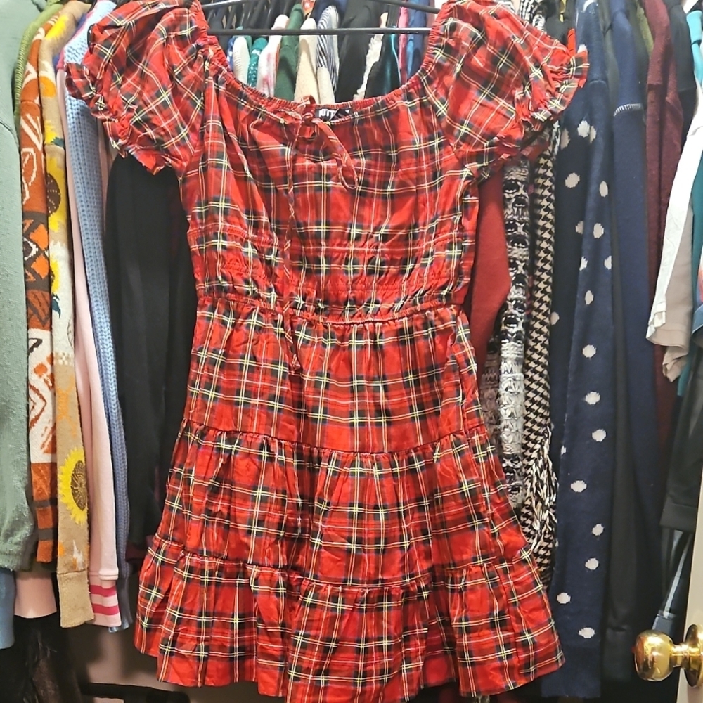 Red Plaid Off-Shoulder Dress Small